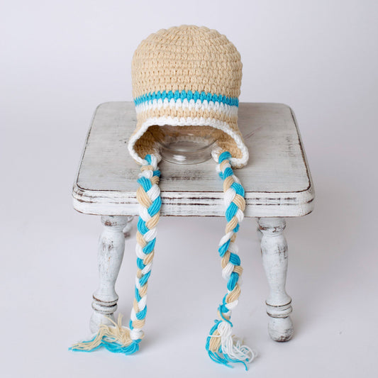 Winter Beige and Aqua Blue Newborn Tassels Hat