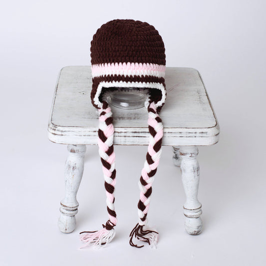 Winter Brown and Pink Newborn Tassels Hat