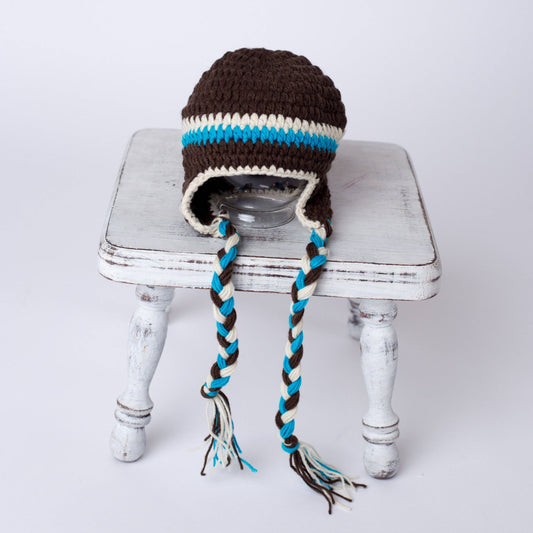 Winter Brown and Aqua Blue Newborn Tassels Hat