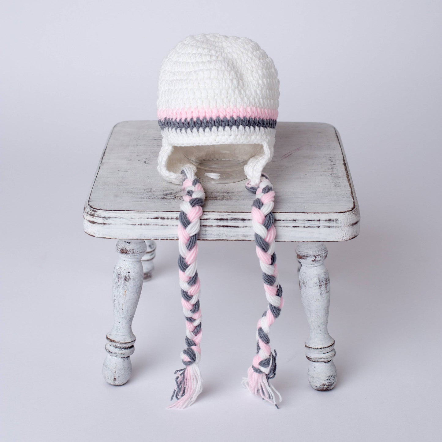 Winter White Pink Gray Newborn Tassels Hat