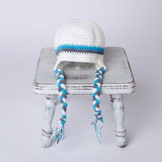 Winter White Aqua Blue Gray Newborn Tassels Hat