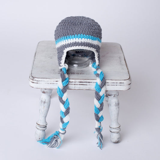 Winter Gray Aqua Blue White Newborn Tassels Hat