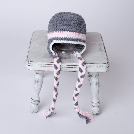 Winter Gray Pink White Newborn Tassels Hat
