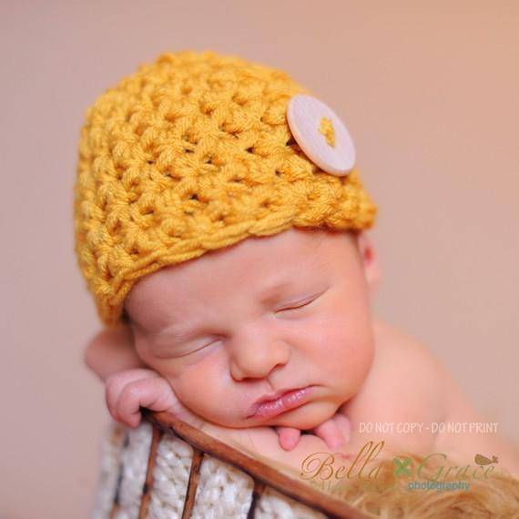 Yellow Newborn Button Baby Hat