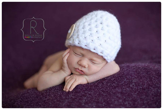 White Newborn Button Baby Hat