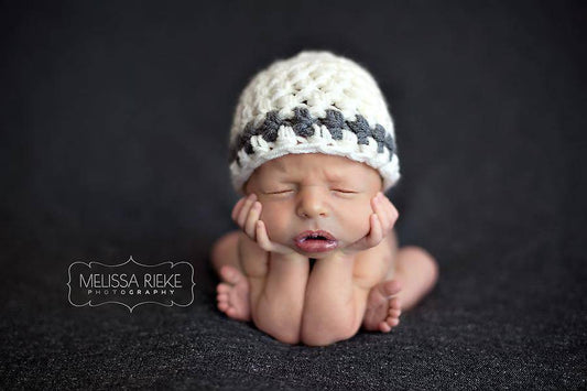Cream Hat Gray Stripe Newborn Baby Photography