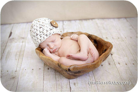 Oatmeal Beige Tweed Button Baby Hat