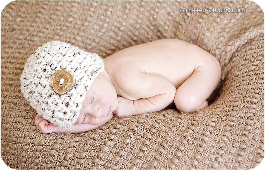 Oatmeal Beige Tweed Button Baby Hat